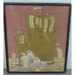 South East Asian School 'Mending the Nets' Painting on Fabric In a glazed chinoiserie frame, 60 x