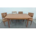 MacIntosh teak extending dining table and set of four retro teak and leather chairs, (one a/f), 74 x