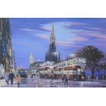 John B. Boyd 'Edinburgh Princes Street with Trams' Coloured print, framed, 68 x 45cm