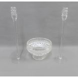 Pair of glass candlesticks and a cut crystal pedestal bowl, (3)