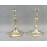 A pair of silver knop stemmed candlesticks, John Henry Odell, London 1970, on hexagonal bases,