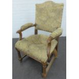Oak open armchair with upholstered back, arms and seat, (a/f), 105 x 70cm