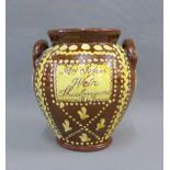 Victorian Scottish pottery brown glazed slipware jug, inscribed Mrs John Weir, Shielmains, 1847,