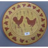 Fiskan Kirkbannie Farm Pottery, studio charger with Cockerel's, 37cm diameter