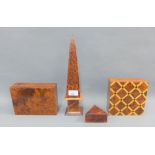 Collection of three burrwood boxes of various shape, together with an obelisk, 30cm high