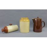 Stoneware crock, water flask and brown glazed jug with cover, (3)