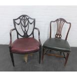 Mahogany pierced shield back open armchair, together with mahogany side chair with vinyl upholstered