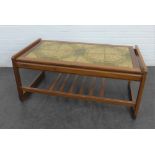 Retro teak low coffee table with tiles to the top and slatted undertier, 45 x 98cm