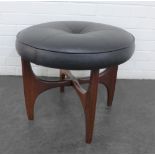 Retro G-plan stool with black vinyl top and cross stretcher, 44 x 52cm