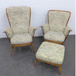 Pair of Ercol Windsor armchairs with upholstered seat and back, together with an Ercol footstool,