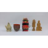 A pair of eastern wooden deity's, set of four lacquered bowls and a painted wooden fish box, (a lot)