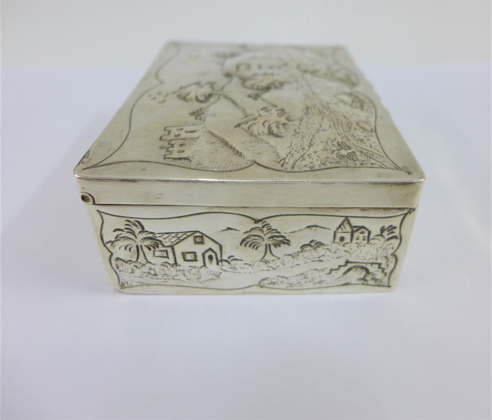 George III silver box of rectangular form the hinged lid with repousee landscape and cottage - Image 3 of 8