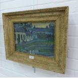 20th century Scottish School Village with Painted Houses, Oil on board, signed indistinctly, in