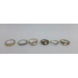 Six silver gemset rings (6)