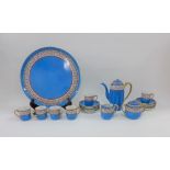 Noritake blue glazed coffee set comprising coffee pot, sugar bowl, cream jug, six coffee cans, ten