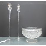 Pair of glass candlesticks and a cut crystal pedestal bowl, (3)