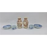 Pair of Japanese earthenware Satsuma vases, 15cm high, and a pair of Chinese blue and white tea