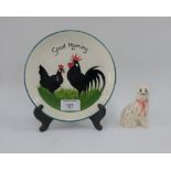 Griselda Hill Pottery cockerel plate together with a Griselda Hill Pottery miniature Wemyss cat, 9cm
