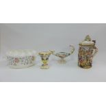 Mintons Haddon Hall oval planter, two Capodimonte vases and a Naples tankard (the lid a.f) (4)