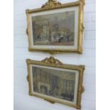 Pair of coloured prints in glazed and ornate gilt frames, sizes overall 55 x 48cm, (2)