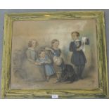 A. Blackley 19th century family group of four children with their dog Pencil and pastel sketch