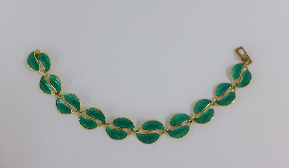 David Andersen Norwegian silver gilt and green enamel leaf bracelet, stamped with makers mark & 925S