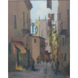 Mid Century Spanish School Street Scene Oil on board, signed indistinctly, in giltwood frame with