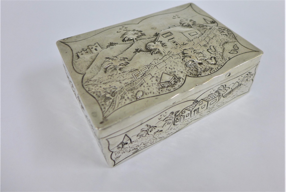 George III silver box of rectangular form the hinged lid with repousee landscape and cottage