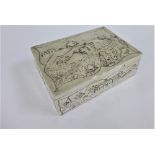 George III silver box of rectangular form the hinged lid with repousee landscape and cottage