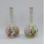 A pair of Continental porcelain bottle neck vases, (one restored) 34cm high