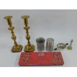 Mixed lot to include an Iona style cross, pewter cups, stainless steel strainer and brass