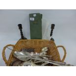 Mixed lot to include a quantity of Epns flatwares, wooden candlesticks , evening gloves and chain