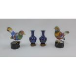 Two cloisonne birds and a pair of miniature cloisonne vases, tallest 10cm