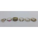 Six silver gemset rings (6)