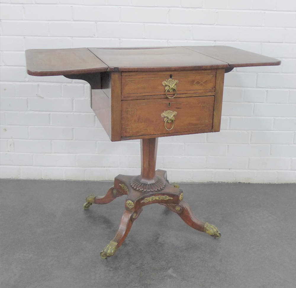 A mahogany table, the rectangular table with drop flaps, two frieze drawers and two dummy drawers, - Image 2 of 6