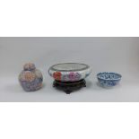 Modern cloisonne bowl, Japanese blue and white bowl and a ginger jar and cover (3)