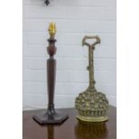 A mahogany table lamp base and a brass 'basket of fruit' door stop, 35cm high (2)