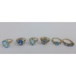 Six silver gemset rings (6)