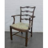 Mahogany framed ladderback open armchair with upholstered slip in seat. on square legs, 102 x 66 x