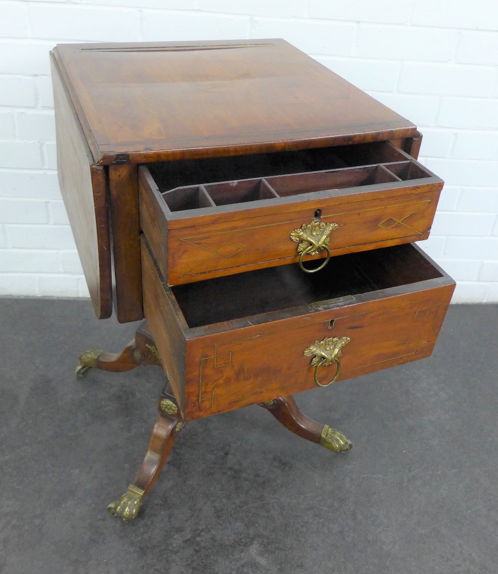 A mahogany table, the rectangular table with drop flaps, two frieze drawers and two dummy drawers, - Image 5 of 6