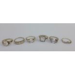 Six silver gemset rings (6)