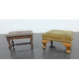 Small carved oak stool with a barley twist stretcher together with an upholstered footstool, largest