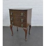 Mahogany bow front bedside chest, with three long drawers on cabriole legs, 68 x 46 x 35cm