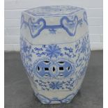 An hexagonal blue and white pottery verandah stool, 47 x 30cm