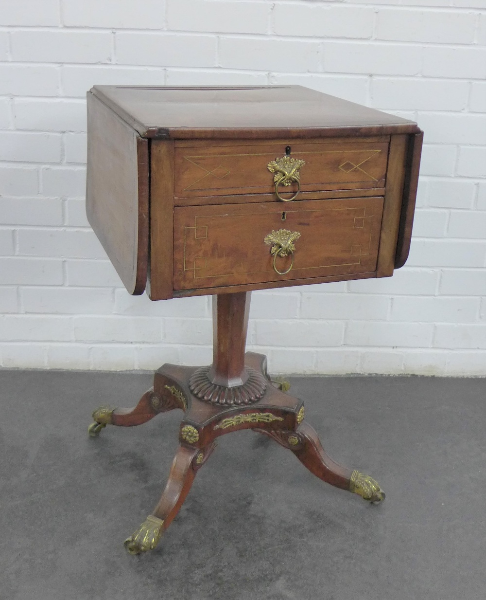 A mahogany table, the rectangular table with drop flaps, two frieze drawers and two dummy drawers, - Image 4 of 6