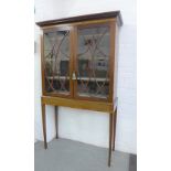 Mahogany and inlaid display cabinet on stand, the rectangular top over a dentil frieze and pair of