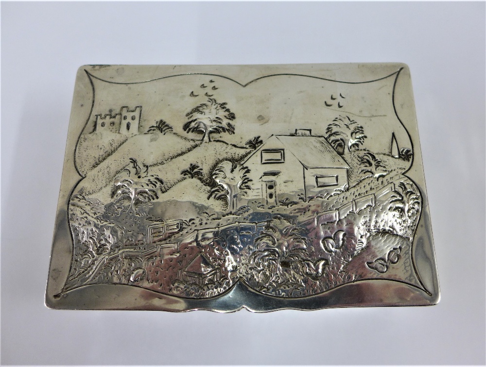 George III silver box of rectangular form the hinged lid with repousee landscape and cottage - Image 8 of 8