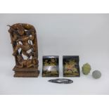 Mixed lot to include a pair of chinoiserie bookends, faux hardstone Buddha head, wooden shrine,
