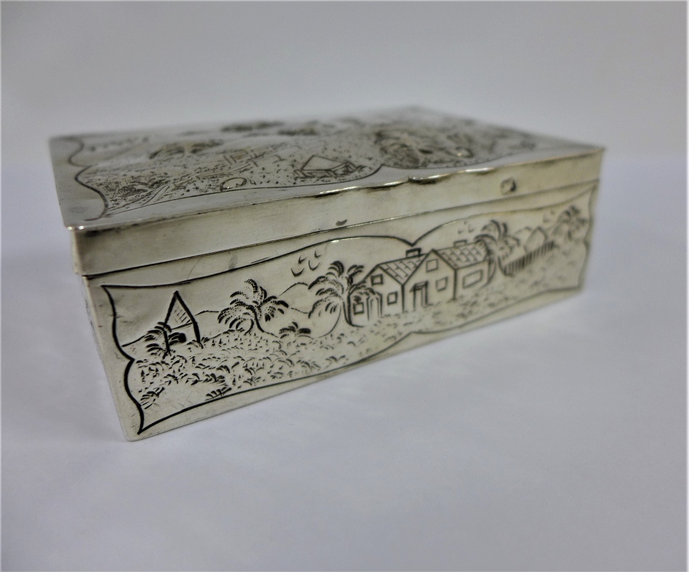 George III silver box of rectangular form the hinged lid with repousee landscape and cottage - Image 2 of 8