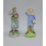 Royal Doulton Little Boy Blue figure and a Dresden porcelain flower seller figure, tallest 15cm (2)